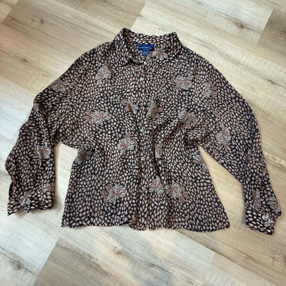 Charter Club Woman 100% Silk Sheer Animal Print Button Down Shirt Size 24W